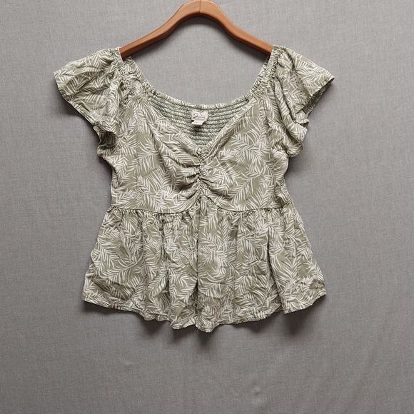 Japna Babydoll Top Cottagecore Boho Floral Ruched Smocked Ruffle Sleeve Sage L - Picture 2 of 12
